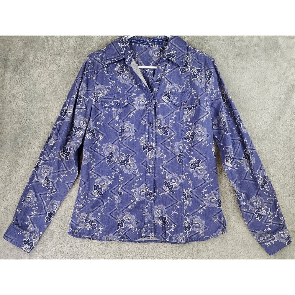 Pendleton Shirt Womens Large Blue Floral Button Up Short Sleeve Vintage Fit - Picture 1 of 9